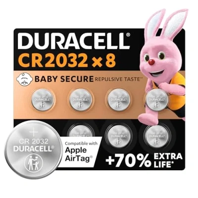 Immagine di Batterie a moneta al litio da 3 V Duracell CR2032 (confezione 8) Pila 3V Fino 70% di extra durata Tecnologia Baby Secure Raccomandate per l’utilizzo con Apple AirTag