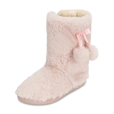 Immagine di Polar pantofole da donna in finta pelliccia, a stivaletto memory foam con suola gomma antiscivolo, morbide e soffici graziosi pompon, alla caviglia, rosa, 39 EU