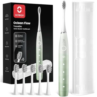 Immagine di Oclean spazzolino elettrico sonico Flow Gift Set, Ricarica ogni 180 giorni, 5 Modalità, Impermeabile IPX7, Timer da 2 minuti, 6 Testine DuPont™, Custodia viaggio, Verde