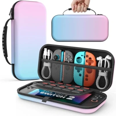 Immagine di MoKo custodia per Nintendo Switch 2 2025, da Viaggio Rigida Protettiva Portatile Console Accessori, sottile Cover con 10 Slot Cartucce e Tasche, Blu Gradiente Rosa