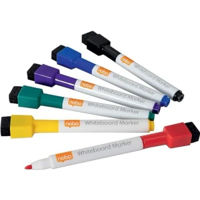 Immagine di Rexel Set da 6 Mini Pennarelli per Lavagna a Punta Fine 2 mm, Cappuccio con Gomma Magnetica Integrata, Cancellabili Secco, Basso Odore, Colori Assortiti
