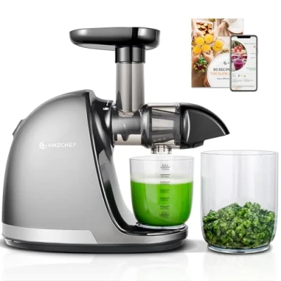 Immagine di AMZCHEF Estrattore Frutta e Verdura a Freddo Pofessionale Masticazione Delicata Non C&#039;è Bisogno Di Filtrare Succo Senza BPA con Due Tazze Pennello Argento