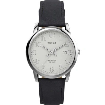 Immagine di Timex Orologio da uomo Easy Reader 35 mm, cinturino in pelle nero, quadrante bianco, cassa color argento TW2W54300