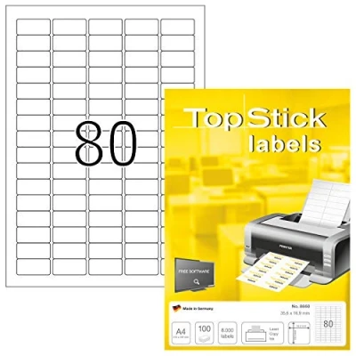 Immagine di TopStick etichette multiuso autoadesive, 80 per foglio A4, 100 fogli, 35,6 x 16,9 mm, 8000 etichette, adesive universali vuote, stampanti laser e inkjet, bianco