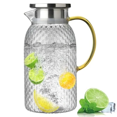 Immagine di Caraffa in Vetro 1.8L, Trasparente Vetro, con Coperchio Acciaio Inox, Brocca Acqua per il tè Freddo, Latte, Calda e Fredda, Bevande Fatte