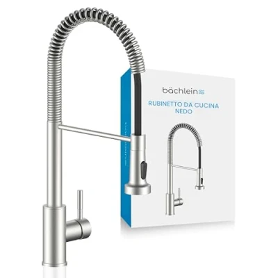 Immagine di Bächlein Rubinetto da Cucina Girevole a 360 Gradi in Acciaio Inox Spazzolato Mano Singolo per Lavello con Collo Flessibile Spirale e Soffione Pulsante Levetta la