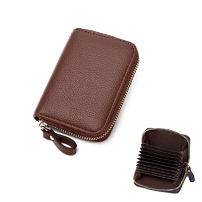 Immagine di ZMREN Porta carte di credito in pelle con blocco RFID, per e banconote, chiusura a zip acciaio inox Colore caffè