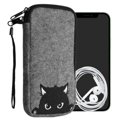 Immagine di kwmobile Custodia in Feltro con Zip per Smartphone XL 6,7/6,8&quot; Astuccio portacellulare a Sacchetto Cerniera e Ricamo Borsa Cane Curioso Grigio/Nero