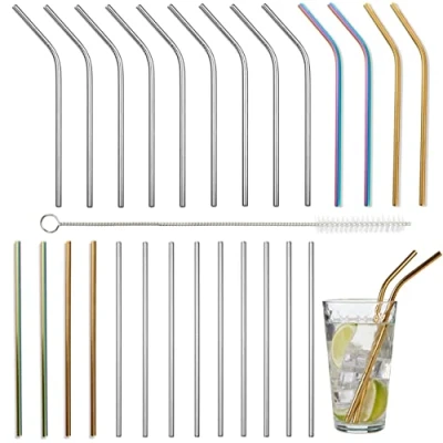 Immagine di Oak &amp; Steel Set Da 26 Pezzi Di Cannucce Riutilizzabili In Acciaio Inox Multicolore Piegate E Dritte, Completo 4 Spazzole Per La Pulizia
