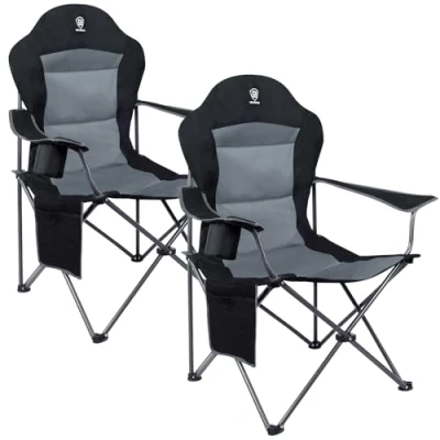 Immagine di EVER ADVANCED Sedia Campeggio 150 KG Durevole Set di 2 Pieghevole da Pesca per esterni Giardino Portatile Mare e portabevande Colore Nero Oversize 60 x 88 109.2 cm
