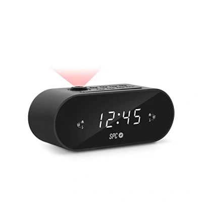 Immagine di SPC FRODI Radiosveglia compatta con proiettore orario regolabile, grande pulsante Snooze/Sleep, doppio allarme, display XL, numeri grandi, batteria di backupmoria