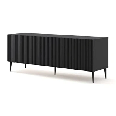 Immagine di BIM Furniture Armadio per TV Ravenna, larghezza 150 cm, 3D con parte anteriore fresata, gambe in metallo MDF di alta qualità, mobile TV, (nero opaco, nere)