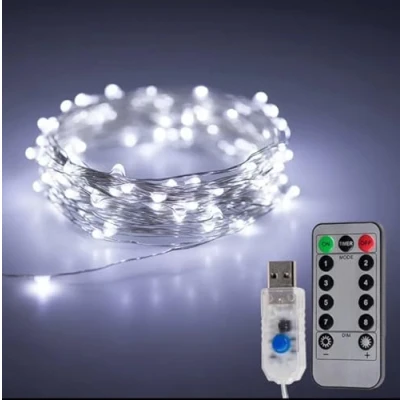 Immagine di Catena luci di Natale led stringa natalizia luminosa 100 miniluci a micro colore bianco freddo luce Ghiaccio filo argento collegabili con attacco usb da 10 mt gestibile telecomando