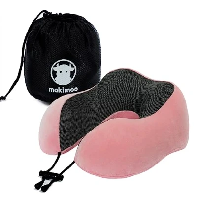 Immagine di cuscino da viaggio in memory foam, per il collo con supporto la testa a 360 gradi, comodo e leggero, ideale dormire aereo, auto, treno, autobus uso domestico, Rosa