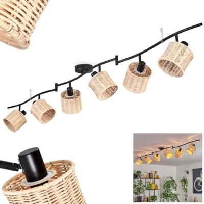 Immagine di plafoniera Cavaca, moderna in metallo/vimini/rattan, colore nero/naturale, 6 luci, design scandinavo con faretti regolabili, x E14, senza lampadina