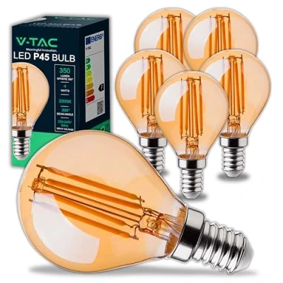 Immagine di V TAC 6x Lampadine LED Filamento P45 Ambrate E14 4W (Equivalenti a 30W) 400 Lumen Lampadina Massima Efficienza e Risparmio Energetico Luce Bianca Calda 2200K