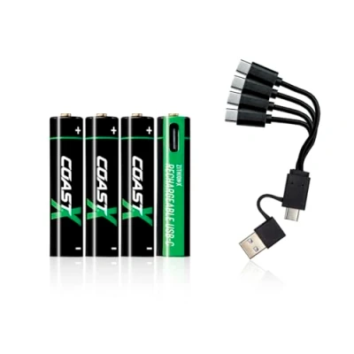 Immagine di Coast Batteria AAA USB C, Zithion X, agli ioni di litio 1,5 V, 750 mAh, durevole, ricarica in meno 1 ora, oltre 1000 cicli ricarica, cavo incluso, confezione da 4
