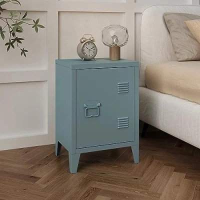 Immagine di [en.casa] Comodino in Acciaio con Scomparto Chiuso Anta Tavolino Laterale da Divano Mobiletto Notturno Letto Basso Ingresso 57 x 40 30 cm Blu Grigiastro