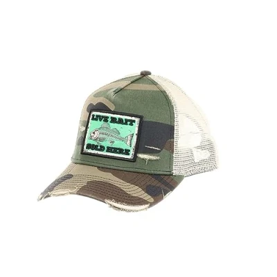 Immagine di New Era Distressed Live Bait Fish Patch Camouflage A Frame Adjustable Trucker Cap One Size
