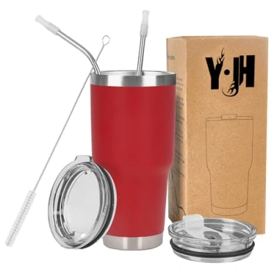 Immagine di Y·JH 30oz (850ml) Bicchiere da viaggio Tazza caffè a doppia parete isolata sottovuoto in acciaio inossidabile con 2 coperchi antispruzzo, cannucce, senza BPA Rosso