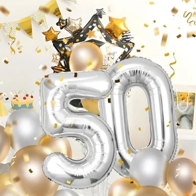 Immagine di Palloncini Compleanno 50 anni Argento 101 CM Palloncino Numero Gonfiabile in Foil Decorazioni di un uomo donna Vola con l&#039;Elio