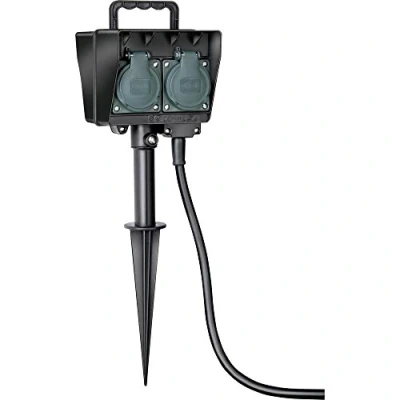 Immagine di Brennenstuhl 4 prese da giardino con picchetto di terra (plastica resistente alle intemperie, presa esterna alloggiamento impermeabile, cavo 1,5 m) nero