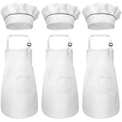 Immagine di 3 Set Grembiule Bambini e Cappello Cuoco, Bianchi Cuoco Bambino, Regolabili Grembiuli da Chef Bambini, Forno Bambini,Grembiule Cucina Per con 2 Tasche Età 6 13 Anni