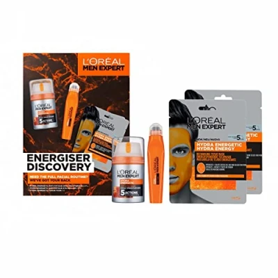 Immagine di L&#039;Oréal Paris Men Expert Energiser Discovery Set regalo da uomo, idratante anti fatica 50 ml, rivitalizzante Eye Roll On 10 ml e maschera in tessuto ricaricabile 30 g, Hydra Energetic Trio