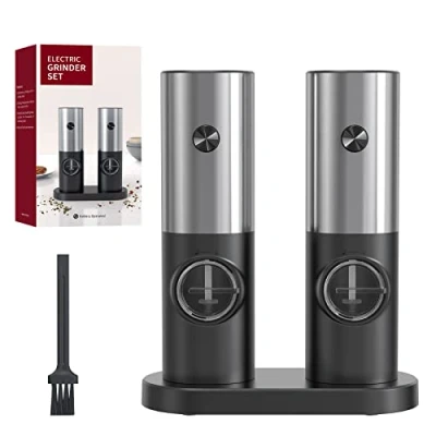 Immagine di CIRCLE JOY Set Macina Sale e Pepe Elettrico a Batteria Macinaspezie con Base, Luce LED Bianca Rugosità Regolabile, Nero Argento