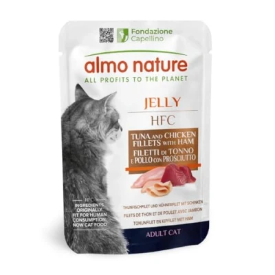 Immagine di Almo Nature HFC Jelly per Gatti Adulti Cibo Umido con 100% Tonno, Pollo &amp; Prosciutto Freschi di Qualità HFC. Pacco da 24 Bustine x 55g cad.