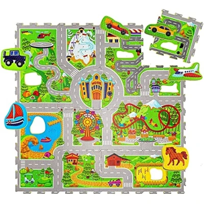 Immagine di Hakuna Matte Tappeto Puzzle Bambini Città 1,2x1,2m 16 Mattonelle in Schiuma a Incastro 20% più Spesso e Morbido Inodore, Senza Formammide, Certificato EN 71 (Vacanza)