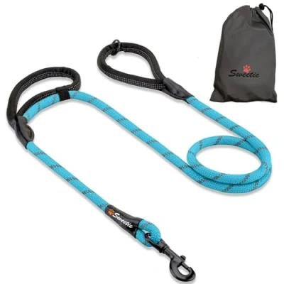 Immagine di Sweetie Guinzaglio per cani resistente, con 2 comode maniglie imbottite, lungo 1,5 m animali di taglia media e grande, riflettente, resistente alle intemperie O ring. Blu.