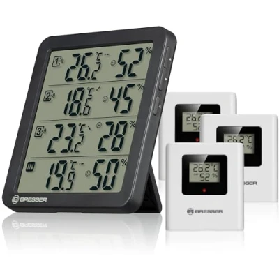 Immagine di Bresser Quadro NV Termoigrometro con 4 punti di misurazione, sensore integrato e 3 sensori wireless, indicatore Smiley, memoria Min/Max, IP44