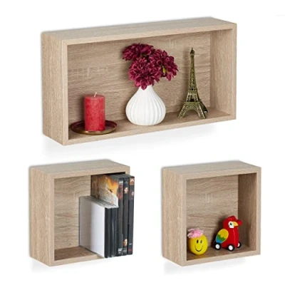 Immagine di Relaxdays Mensole da Muro, Set 3 Ripiani Sospesi a Cubo, Scaffali in 2 Misure Libreria Parete Design Moderno, Naturale, Fibra di Legno