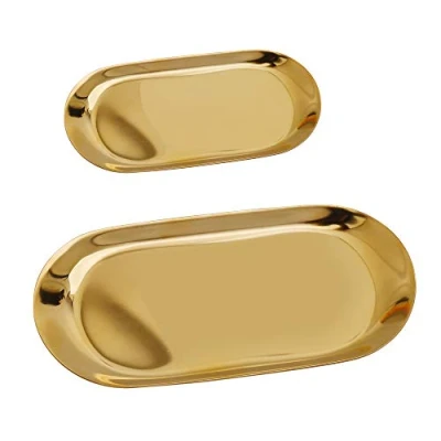 Immagine di Vassoio d&#039;oro Gioielli, Acciaio Inossidabile Piatto di Gingillo Piastra Conservazione, Porta Asciugamano Ovale Vassoi Frutta del tè Candela Organizzatore Cosmetico Vasellame (2 Pezzi)