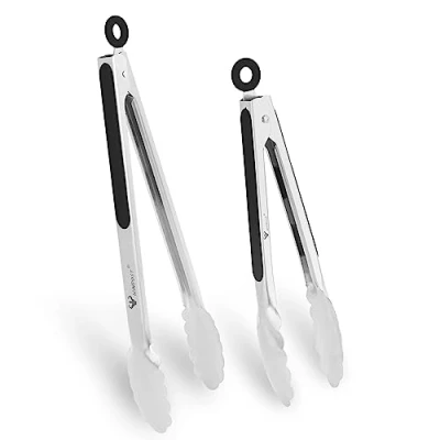 Immagine di WINPOST Set di 2 pinze da cucina in acciaio inox, 27 cm e 34 cm, manico antiscivolo resistente al calore, ideali per cucinare, insalata, grigliare barbecue (27 + nero)