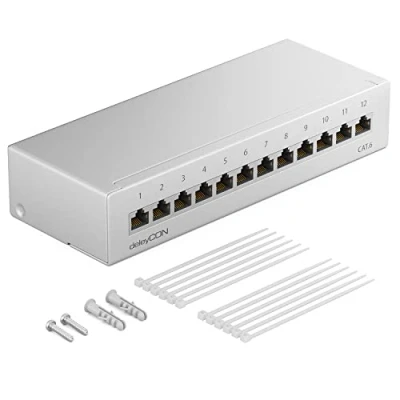 Immagine di deleyCON CAT 6 Pannello Patch Distribuzione con 12 Porte 1RU Montaggio a Parete e Desktop Schermatura Prese RJ45 Cavi d&#039;Installazione Rete Ethernet TIA568A TIA568B in RAL7035 Grigio Chiaro