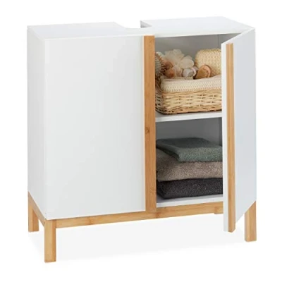 Immagine di Relaxdays Mobile Sottolavabo, 2 scomparti, Armadietto da Bagno in MDF e Bambù, Mobiletto per Lavabo, HLP 61x60x30cm, Bianco/Marrone