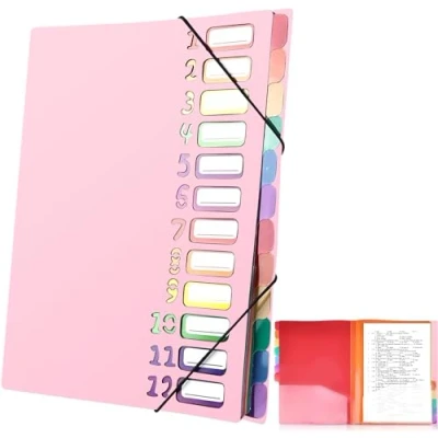Immagine di Delamiya Cartellina portadocumenti, formato A4, portatile, con 12 scomparti, in plastica PP, elastico, impermeabile, per cancelleria scolastica (nero)