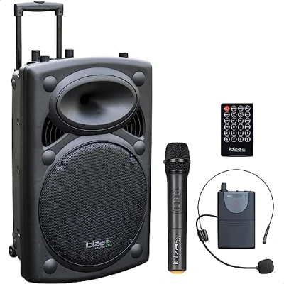 Immagine di Ibiza PORT15UHF BT Sistema di altoparlanti portatili da 15&quot;/800W MAX con 2 microfoni (UHF), telecomando e custodia protettiva Bluetooth, USB, SD &amp; TWS autonomia 6 a 8 ore