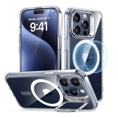 Immagine di ESR Cover per iPhone 15 Pro con Cavalletto Magsafe, Custodia Halolock, Protezione di livello militare, Supporto ad anello la fotocamera integrato,Trasparente