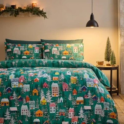 Immagine di Catherine Lansfield Set copripiumino singolo reversibile con federa, motivo natalizio, colore: verde