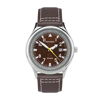 Immagine di Sekonda, orologio da uomo al quarzo con quadrante analogico marrone e cinturino in pelle marrone, 3882.27