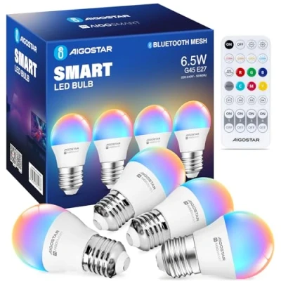 Immagine di Aigostar Mesh Lampadine Alexa Bluetooth 6.5W G45, Lampadina Smart Works with Alexa, E27 LED 555LM RGB &amp; 2700K 6500K, 4 Unità (Con Telecomando Bluetooth)