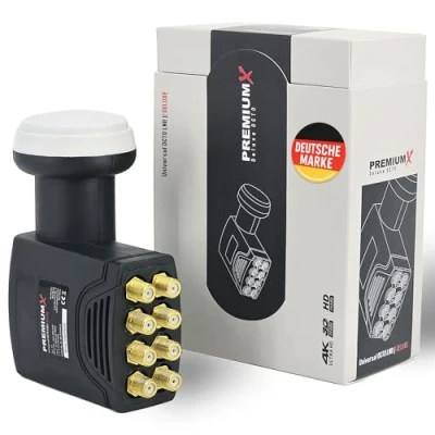 Immagine di PremiumX Deluxe Octo LNB Convertitore di segnale per 8 utenti con ricezione satellitare digitale in HD, UHD e 4K. Supporto DVB S2 oscillatore riferimento PLL la massima prestazioni