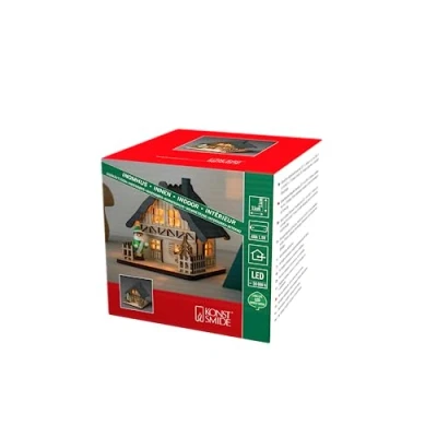 Immagine di Konstsmide Mercatino di Natale a LED in Legno con Tetto Arancione, Luce Natalizia, IP20, 4 diodi Bianchi Caldi, Funzionamento Batteria: 3 x AA 1,5 V (escl.)