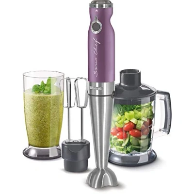 Immagine di Sencor minipimer immersione SHB 56XX, frullatore 4 in 1, elettrico con bicchiere da 800ml, tritatutto elettrico, fruste elettriche, potenza 1200w, 20 velocità (Violet)