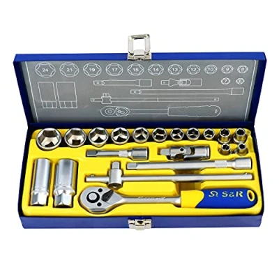 Immagine di S&amp;R Set Chiavi a Bussola e Tubo con Crichetto 3/8&quot; Prolunghe, Snodo galvanico, Dadi per candele. Casseta in Metallo 20 pezzi