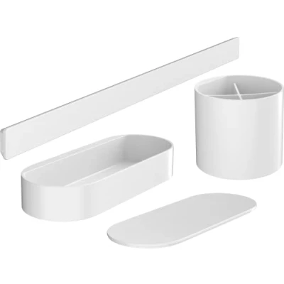 Immagine di hansgrohe WallStoris set da bagno, di accessori bagno senza forare, 4 pezzi, barra a parete, cestino portaoggetti con coperchio, porta spazzolini bianco opaco, 27968700