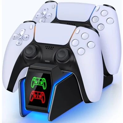 Immagine di PS5 stazione di ricarica per controller Dual con luce RGB, rapida da 2 ore, e Edge (nero)